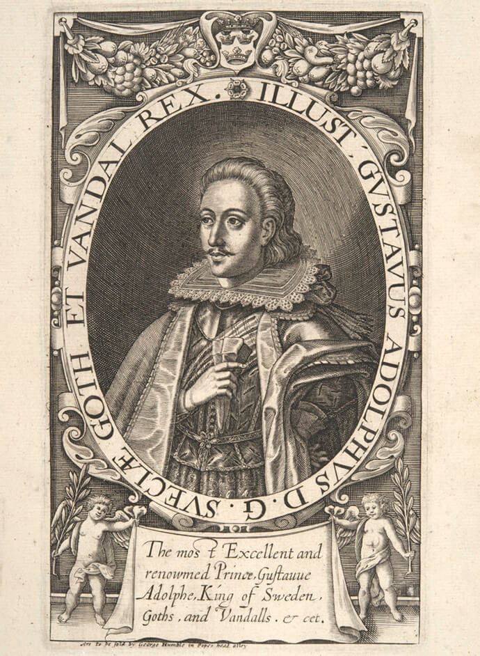 Kuningas Kustaa II Aadolf muotokuvapiirros, kuvan ympärillä kirjoitusta latinaksi.