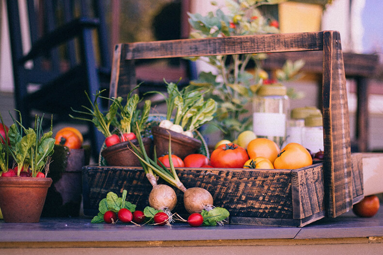 Syksyn sadonkorjuun satoa, kuvassa muun muassa retiisejä, tomaatteja ja nauriita.