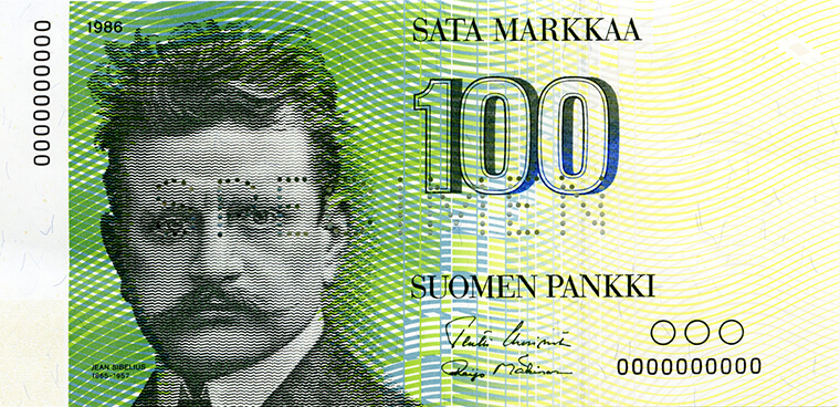 100 markan seteli, jonka kuvana Jean Sibelius.