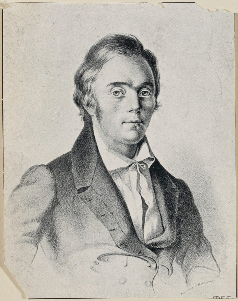 Elias Lönnrotin muotokuva piirrettynä.