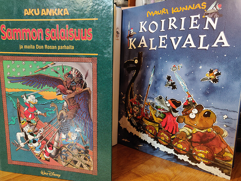 Kalevala sarjakuvina, kuvassa Don Rosan Sammon salaisuus sarjakuvakirjan kansi sekä Mauri Kunnaksen Koirien Kalevalan kuvitusta.