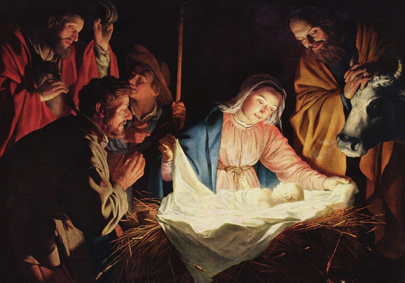 Kuvaelma Jeesuksen syntymästä eli jouluevankeliumista, Jeesus-lapsi nukkuu seimessä ympärillään Maria, Joosef ja muita ihmisiä.