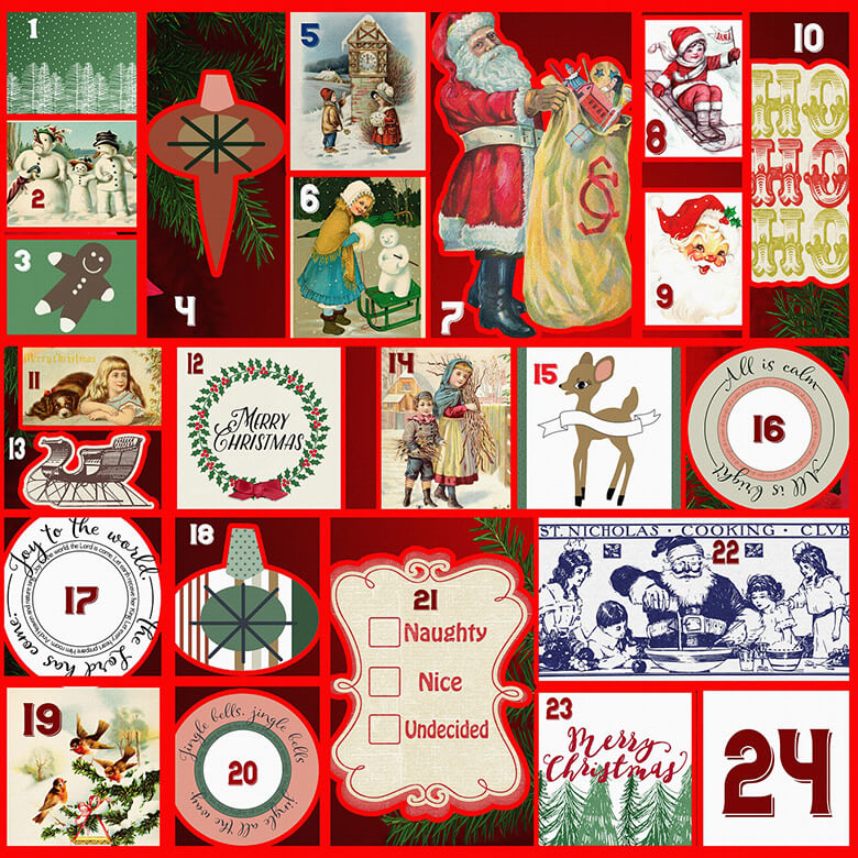 Kahdenkymmenenneljän luukun vanhanaikainen joulukalenteri erilaisilla kuvilla ja kuvioilla.