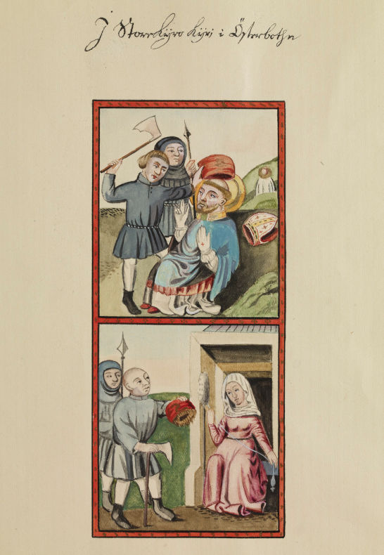 Kaksi kuvaa piispa Henrikin legendasta: Murhaajaa murhaa Henrikin ja tämän päänahka irtoaa.