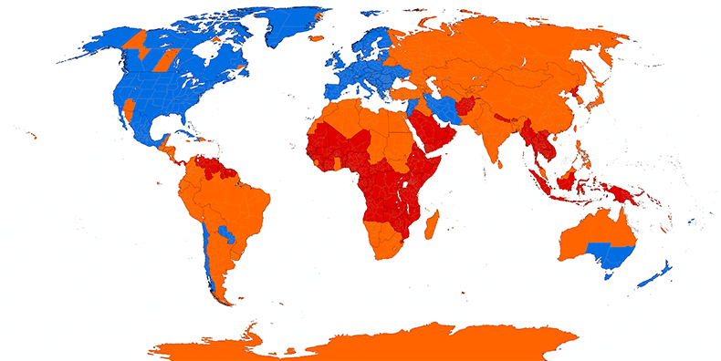 Kartta maista, joissa ei ole ollut kesäaikaa käytössä, joissa on joskus ollut kesäaika käytössä ja joissa on edelleen kesäaika käytössä.