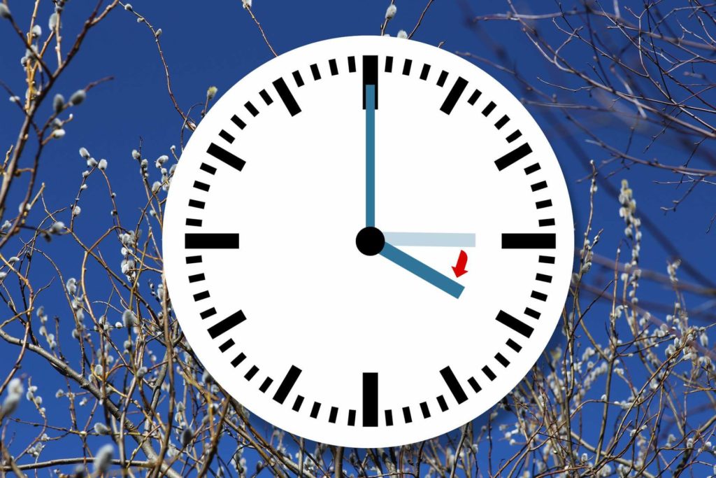 Kuva kellosta, jossa viisareita siirretään kesäaikaan, eli kello kolmesta kello neljään; kellon taustalla valokuva, jossa sininen taivas ja pajunkissoja.