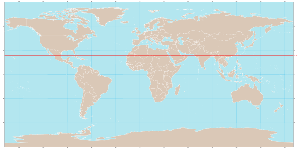 Kravun kääntöpiiri kuvitettuna maailman kartan päälle.