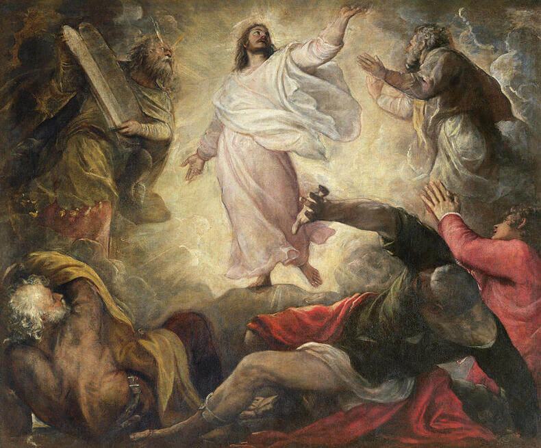 Maalaus Kirkastussunnuntain tapahtumista, keskiössä Jeesus, hänen vierellään Mooses ja Elia. Kuvan alaosassa Jeesuksen kolme opetuslasta.