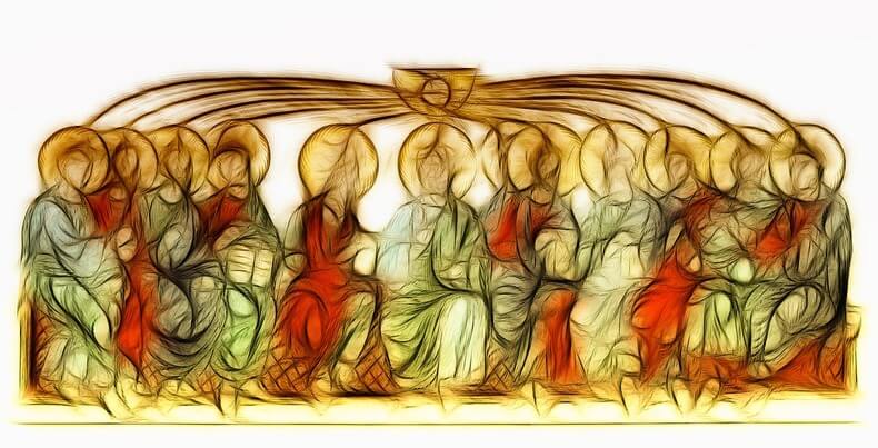 Abstrakti maalaus, joka kuvaa Jeesuksen 12 opetuslasta/apostolia.