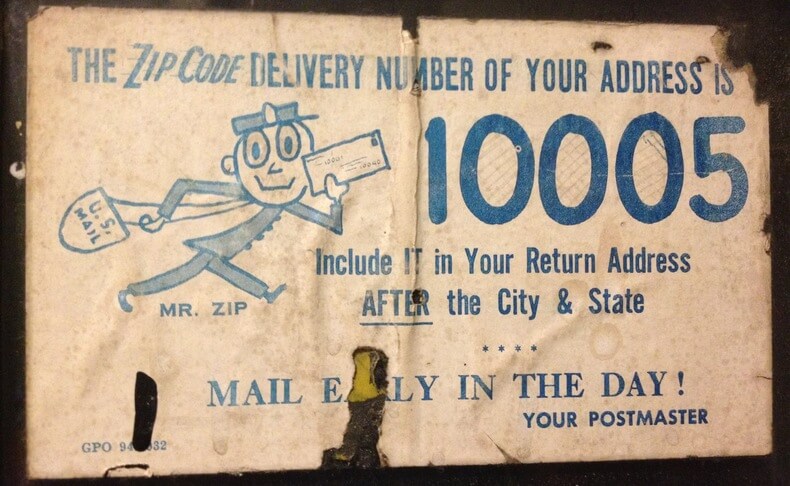 Kuva Yhdysvaltojen ensimmäisestä viisinumeroisesta postinumerosta 10005, joka otettiin käyttöön Puerto Ricossa.