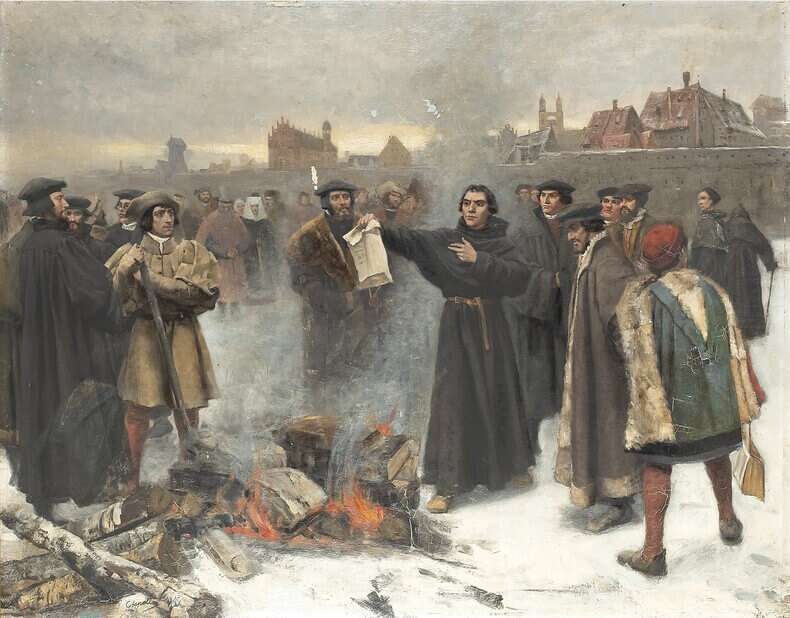 Maalaus Martti Lutherista polttamassa paavin lähettämää pannabullaa.