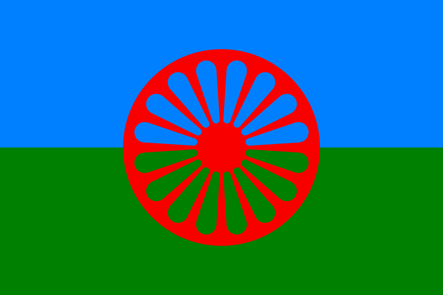 Romanien kansainvälinen sinivihreä lippu, jonka keskiosassa on 16-puolainen punainen pyörä.