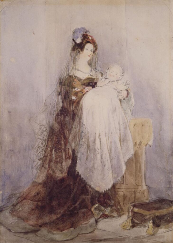 David Coxin maalaama The Christening -maalaus. Nainen pitää sylissään pientä vauvaa kastemekossa.