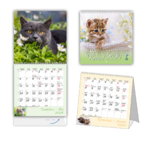 Kissa-aiheinen kalenteri vuodelle 2024.
