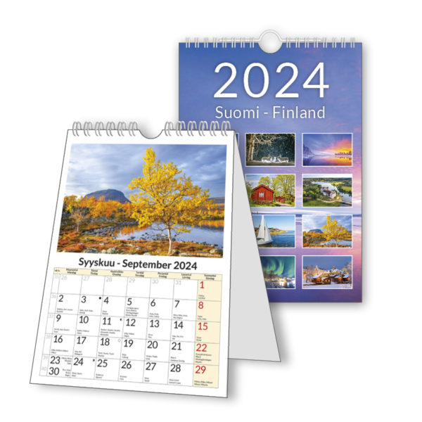 MiniSuomi-kalenteri seinälle tai pöydälle vuodelle 2024.