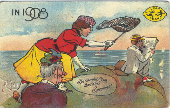Englanninkielinen postikortti vuodelta 1908 eli karkausvuodelta, jolloin myös naiset saivat kosia karkauspäivänä.