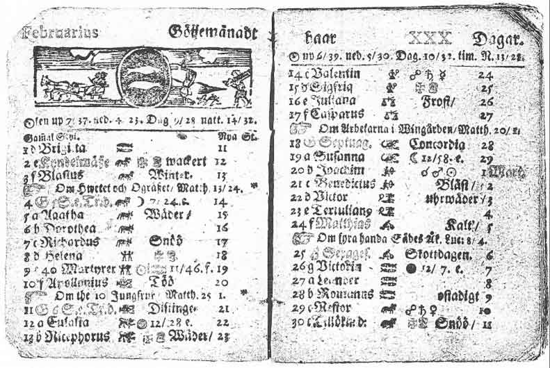 Ruotsalainen kalenteri vuodelta 1712, kalenterin mukaan helmikuussa on 30 päivää.