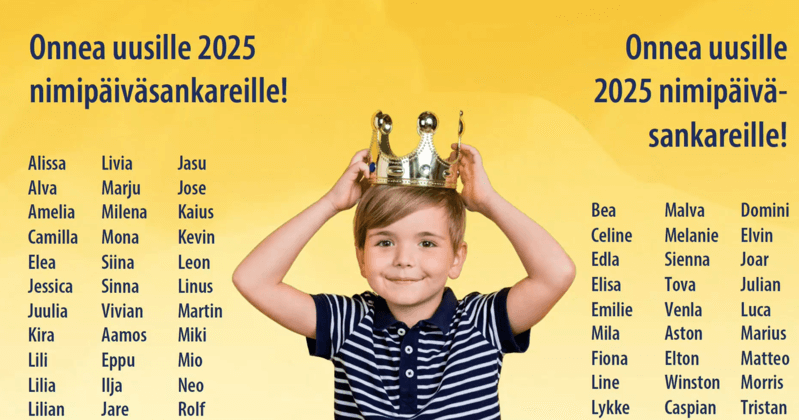 Vuoden 2025 suomalaiseen ja suomenruotsalaiseen kalenteriin lisättävät nimipäiväsankarit.