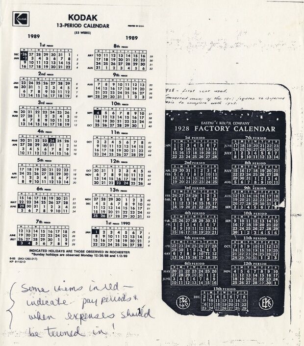 Kodak-yhtiön käyttämä kiinteä kalenteri vuosina 1928 ja 1989.